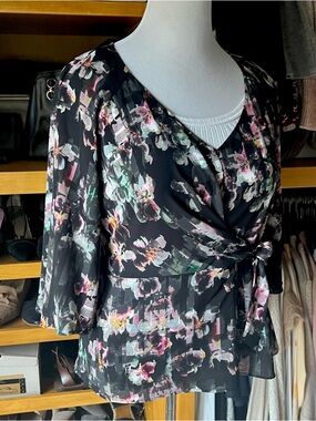 Women’s Black Floral Faux Wrap Sheer Blouse